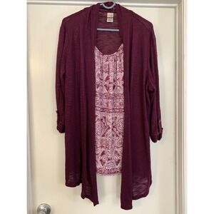 Terra & Sky Cardigan Tank Set Womens 1X Purple Open Front 2 Piece Geometric